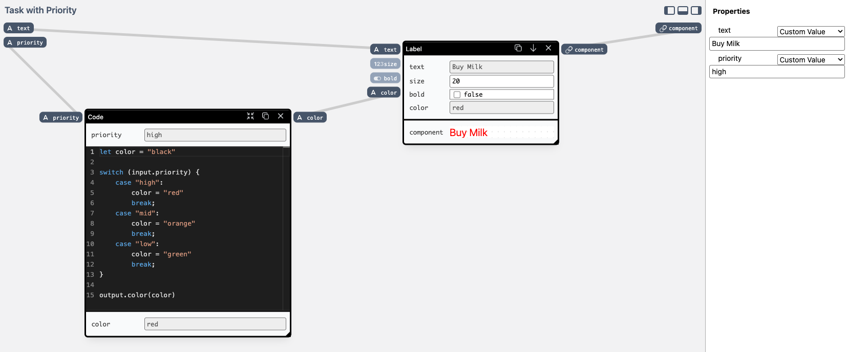 Code node with custom logic connected to a Label component.