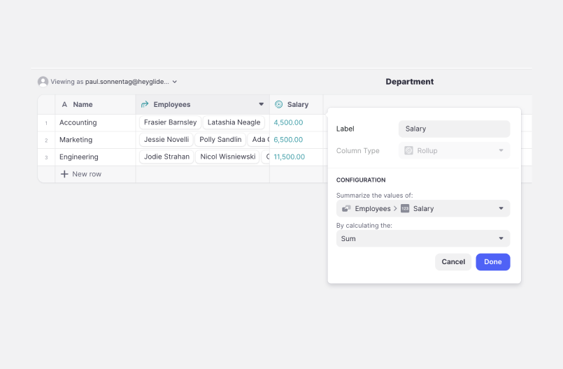 Rollup column to calculate the total salary for each department